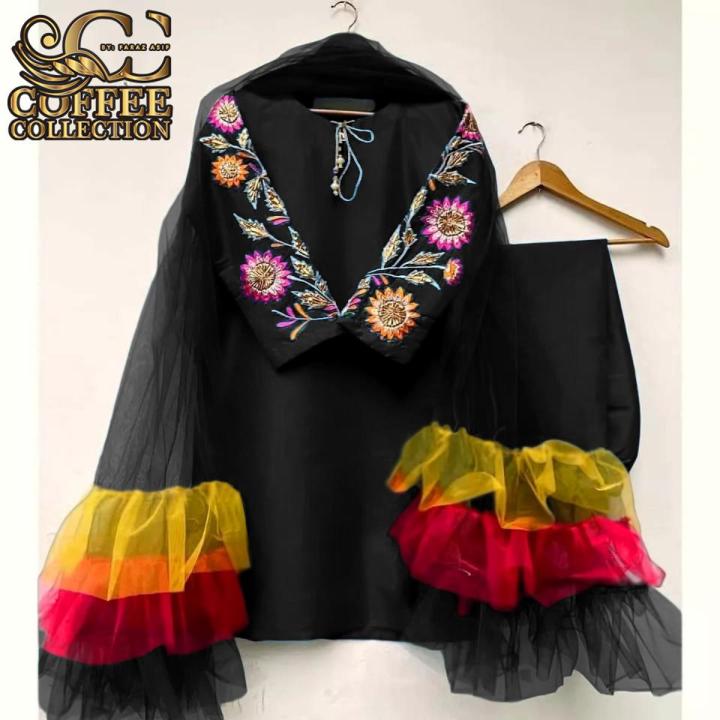 Stylish Sleeves Embroided Kurti for Girls with Trouser & Net Dupatta (Three Piece Suit) Embroided Dresses