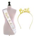 Bride Theme White Sash and Golden Hair Crown for Bridal Shower. 