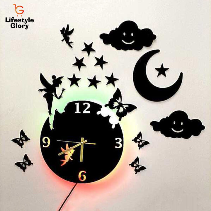 Lifestyle Glory Brand New Fairy Wooden Clock With Premium Multi Color Light I Clock I Wooden Clock I Clock Wall I Clock For Rooms I Clocks I Clock For Office I Wall Clocks I Clock For Bedroom I Home Decorating Items I Decorating Items I Decoration Pieces