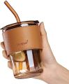 380 ML ‎Leak Proof Glass Tumbler with Straw and Lid Slub Glass | Leather Protective Sleeve | Reusable Cup with Straw | Iced Coffee Cup | Direct Drinking Mouth Dual Use. 