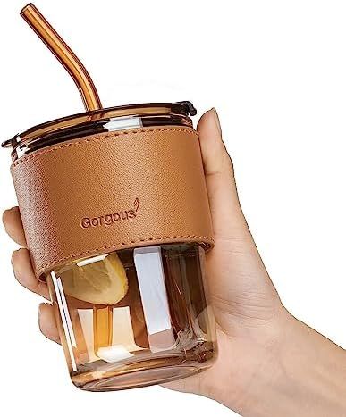 380 ML ‎Leak Proof Glass Tumbler with Straw and Lid Slub Glass | Leather Protective Sleeve | Reusable Cup with Straw | Iced Coffee Cup | Direct Drinking Mouth Dual Use