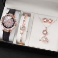 6-piece Luxury Watch and Jewelry Set for Women, Quartz Watch with Diamond Necklace and Bracelet. 