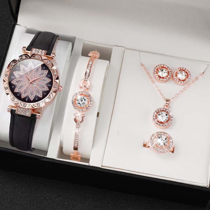 6-piece Luxury Watch and Jewelry Set for Women, Quartz Watch with Diamond Necklace and Bracelet