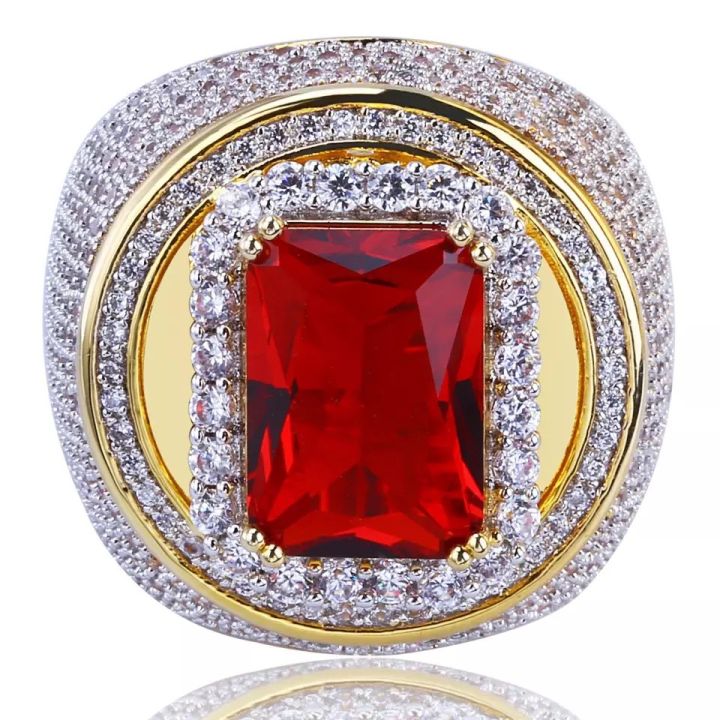 18k Gold Plated Cz Iced Out Cubic Zirconia Men's Ruby Ring For Men/