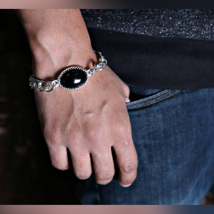 Shiny Silver Plated Black Stone Bracelet For men