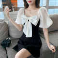 Women  Dress Black White Contrast Color Bubble Sleeve Bow ie Square Neck Little Black Dress color. 