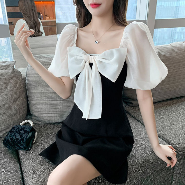 Women%20%20Dress%20Black%20White%20Contrast%20Color%20Bubble%20Sleeve%20Bow%20ie%20Square%20Neck%20Little%20Black%20Dress%20color%20-%20Image%205