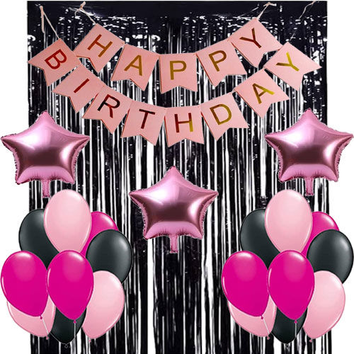 Pink & Black Birthday Decoration Set With Pink Banner , Black Curtains Fringe  , Pink Stars Foil Balloons & Latex Balloons