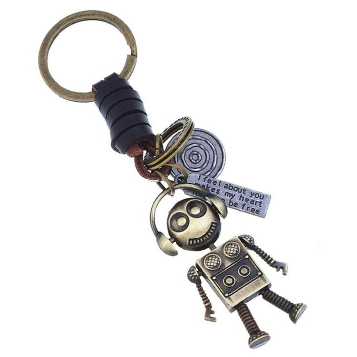 Punk Cartoon Robot Pendant Genuine Leather Keychain For Men Cowhide Key Ring Car Key Chain Waist Accessory