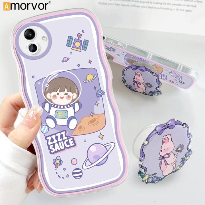 AMORVOR for Samsung A04 Back Cover (With Free Holder) Space Girl Soft Wavy Phone Case Camera Protection Transparent TPU Soft Cover