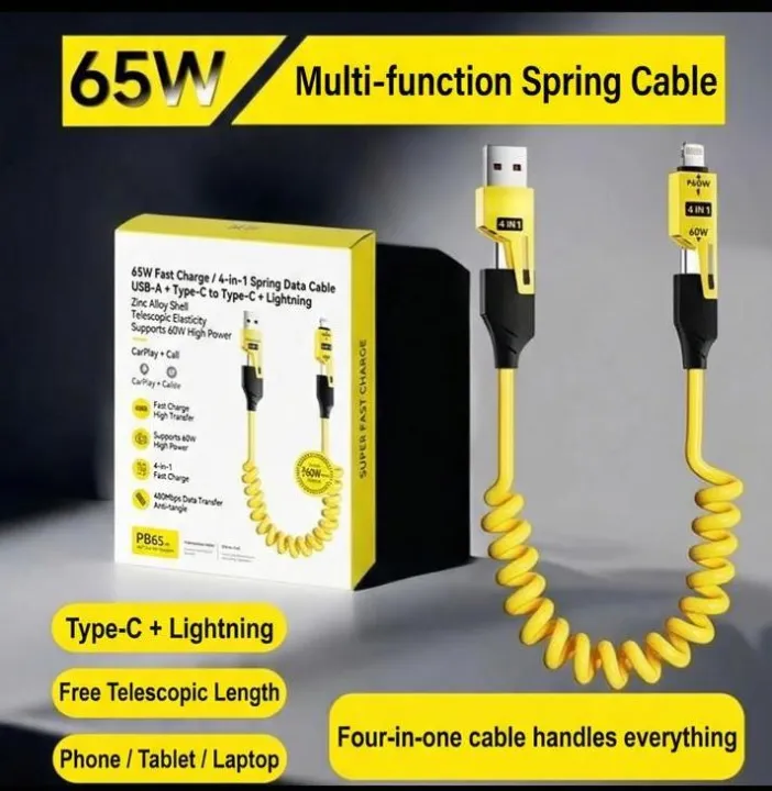 65W 4-in-1 Fast Charging Spring Cable – USB-A to Type-C & Lightning ...