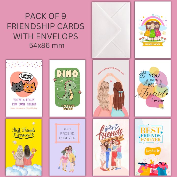 Pack of 9 Mini Friendship Cards with Envelopes – Cute Pocket-Sized Best ...