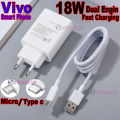 Original Vivo 18W Fast Charger Adapter - Quick Charge 3.0, Dual Engine, with Type C and Micro Data Cable. 