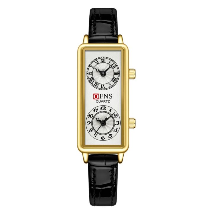 Dual Movement Watch Women Quartz Wristwatch 2 Time Zone Clock Stainless Steel Black Leather
