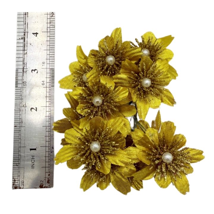 Golden Glitter Artificial Flowers with Pearl Centers - Set of 2 Bunches (6 Flowers Each)