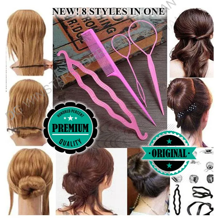 4%20Pcs%20Set%20Styling%20Clip%20Bun%20Maker%20+%20Hair%20Twist%20Braid%20Ponytail%20Tool%20With%20Rat%20Tail%20Comb%20Tool%20Makes%20stylish%20hair%20Volumes%20Up%20Hair%20-%20Image%207