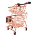 【BestGO】Mini Double Layers Shopping Cart Model Wrought Iron Supermarket Trolley Metal Rose Gold Storage Basket. 