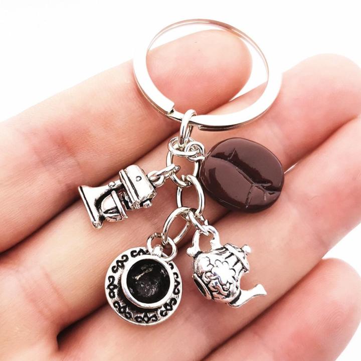 1pcs Creative Coffee cook Keychain coffee cup portable coffee machine Tea pot key chains afternoon dessert Accessories Gift