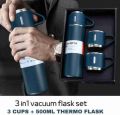 Double-Wall Stainless Steel Vacuum Thermos Flask with Silicone Handle and Insulated Lid Set With 2 Stainless Steel Cups for Hot and Cold Beverages 500 ML. 
