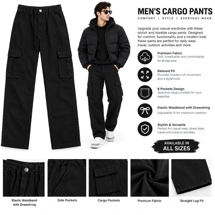 Black Baggy Cargo Jeans for Men & Boys – Loose Fit Multi-Pocket Denim Trousers