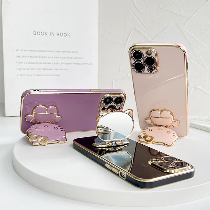 TA for OPPO A3S / A12E / Realme C1 Back Cover Hello Kitty Mirror Folding Bracket Luxury 6D Plating Case Soft Silicone Square Phone Case for Girls