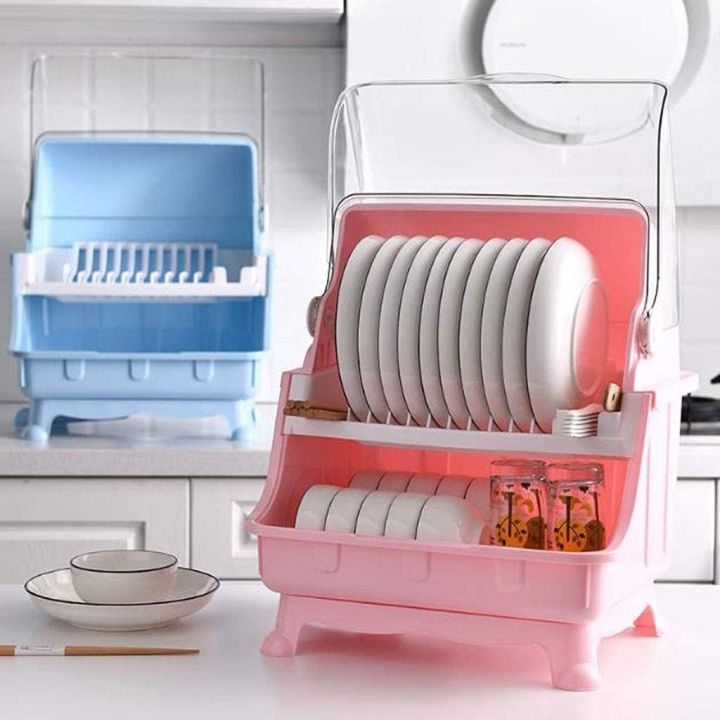 Dish Drying Rack with Lid, Tier Dish Rack with Utensil Holder, Cup Holder  and Dish Drainer for Kitchen Counter, Plastic Dish Drainer Shelf with