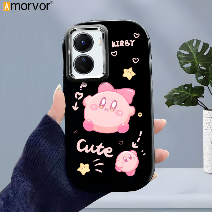 AMORVOR Case for Vivo Y16 Cute Bow-Knot Kirby Back Cover Pattern Luxury Plating Metal Lens Soft Liquid Silicone Case