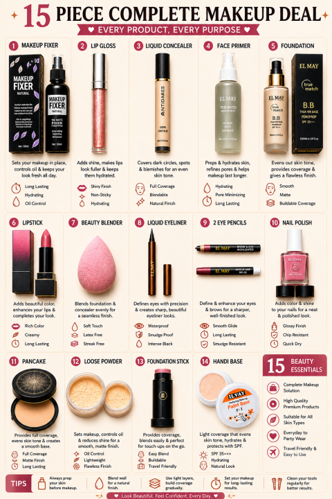 15Pcs%20Makeup%20Deal%20-%20Fixer%20+%20Lipgloss%20+%20Concealer%20+%20Primer%20+%20Foundation%20+%20Bullet%20Lipstick%20+%20Blender%20+%2036H%20Liner%20+%202Pcs%20Pencil%20+%202%20Nail%20Polish%20+%20Foundation%20Stick%20+%20Base%20+%20Loose%20Powder%20+%20Pan%20Cake%20-%20Image%202