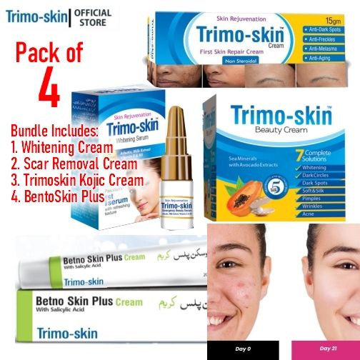 Pack of 4  Skincare Bundle - - Whitening Cream - Scar Removal Cream - Kojic Acid Cream - Skin Whitening Serum - Target hyperpigmentation and dark spots
