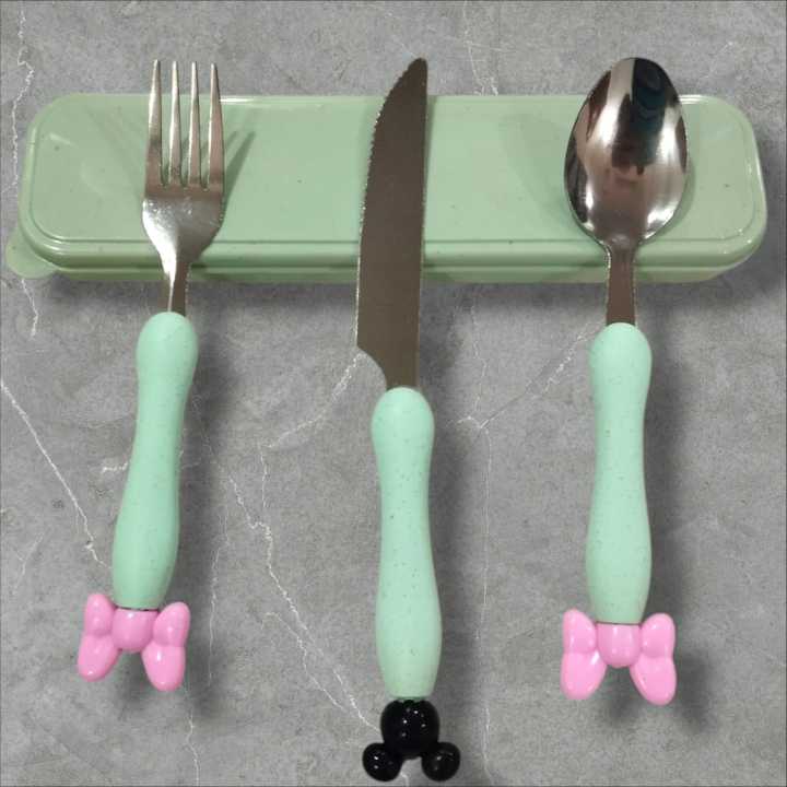 imported high quaity kids plastic & steel spoon Cutlery set ,Portable (6M-12yrs) Travel Spoon Fork Knife, box Reusable Eco-Friendly Utensils for Kids Adult Travel Picnic Camping(Green,Barley,Pink,Blue)send randomly