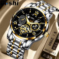 POSHI Luxury watch for men relo water proof Creative Dial Automatic Movement Wrist Watch For Man gold/black calendar luminous display Stainless Steel Strap.