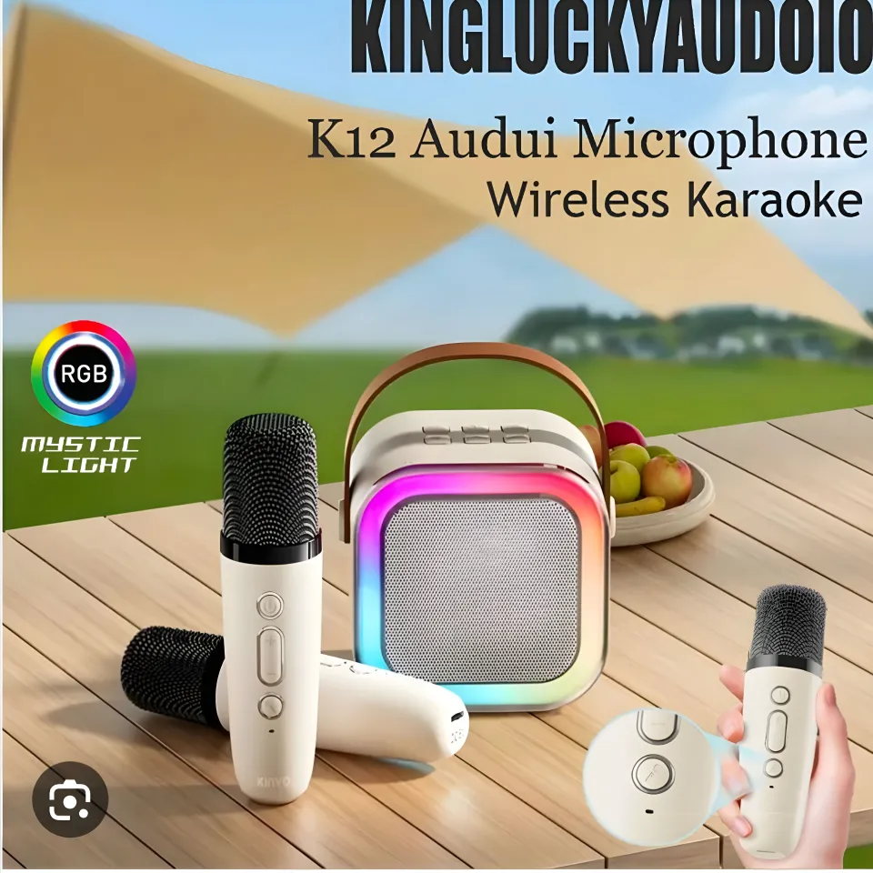 K12 Wireless Mic With Speaker  Dancing Light Karaoke Mic  - Single / Double RGB 7 ColourWith Portable Bluetooth Microphone For Recording With Speaker For Music - 3 in 1 USB / AUX / SD Card Slot Karaoke Handheld Microphone - Black, Blue & Pink Colours