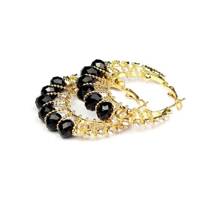 Round Hoop Earring with Black Beads And Stones - Golden