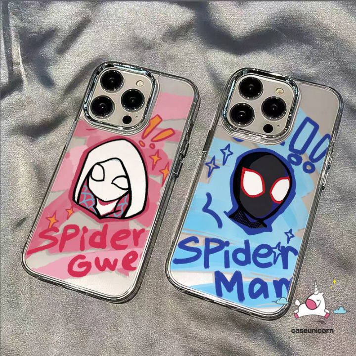 Fashion Brand Spider-Man Case Compatible for IPhone 7Plus 16 15 13 14 11 12 Pro Max 8Plus 6 15 6S 8 7 Plus XS Max XR X SE 2020 Couples Cartoon MARVEL Luxury Plating Metal Lens Cover