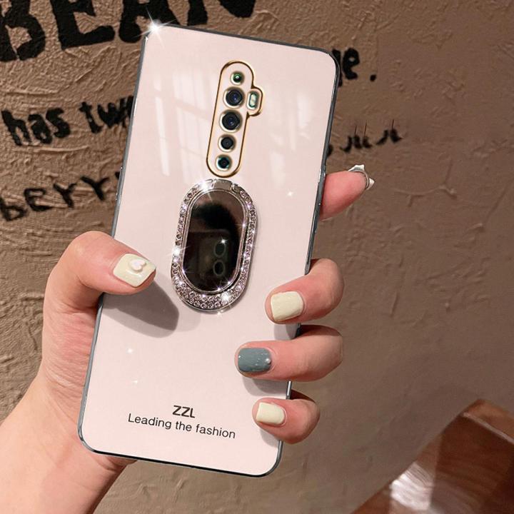 For OPPO Reno2 F / OPPO Reno 2F Back Cover + Rhinestone Ring Holder Stand Shiny Plating Square Bumper Girls Phone Case Soft TPU Silicone Shockproof Protective Cover