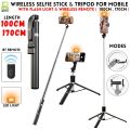 4 in 1 Wireless Selfie Stick & Tripod With Light - 100cm / 170cm With & Without Light - Tripod, Selfie Stick, Selfie Light, Bluetooth Shutter - Foldable & Portable For All Mobile Phones With Detachable Charging Cable - Black & Pink. 