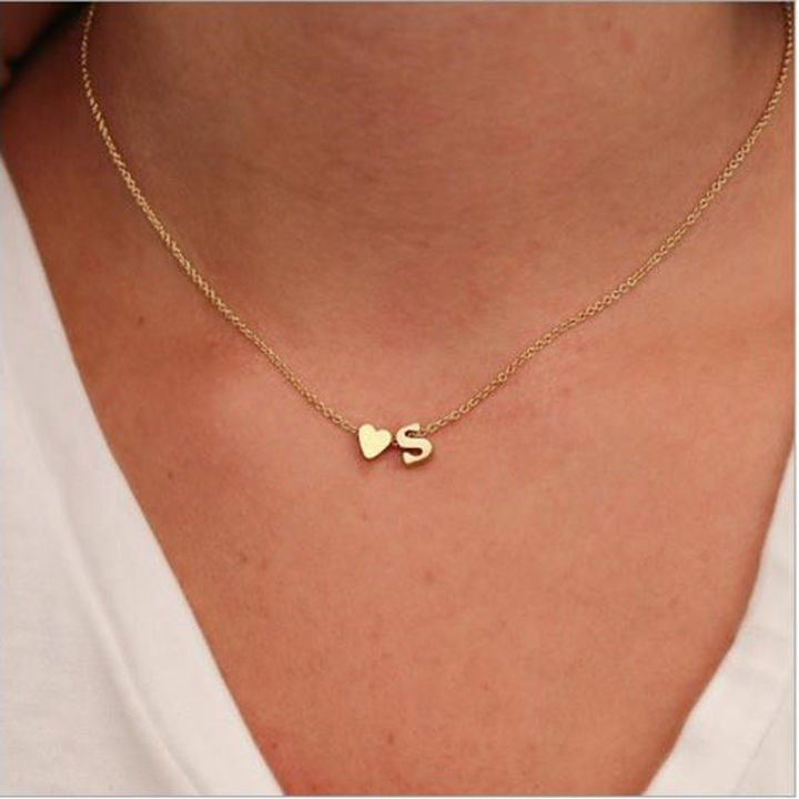 Letter Alphabet Heart Pendant Necklace First Name Plated Metal Chain Women Girls Gift