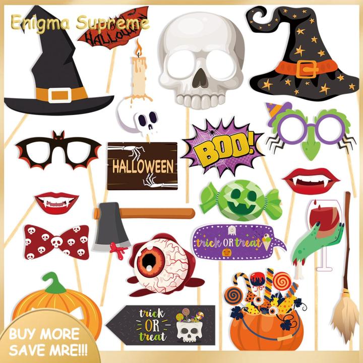 Enigma- Card Halloween Photo Props Spooky Halloween Photo Props Set 20 Pcs Fangs Skulls Witch Hats More for Party Fun