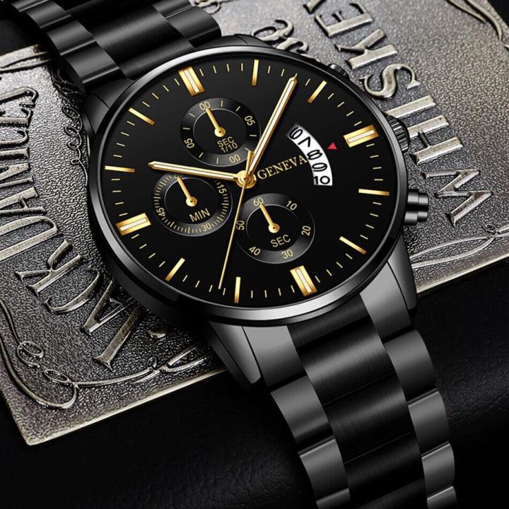 GENEVA Men's Fashion Watches Stainless Steel Classic Analog Quartz Watch Man Clock Automatic Date Waterproof Sport Watch For Men