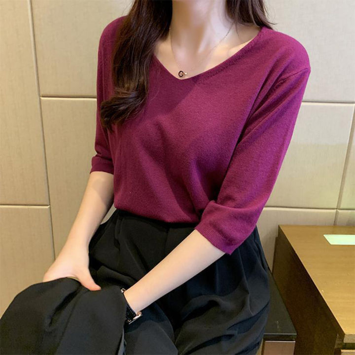 Women%20V%20Neck%20Blouse%20Casual%20Loose%20Half%20Sleeves%20Tops%20Fashion%20Solid%20Color%20Pullover%20Breathable%20T%20Shirt%20-%20Image%204