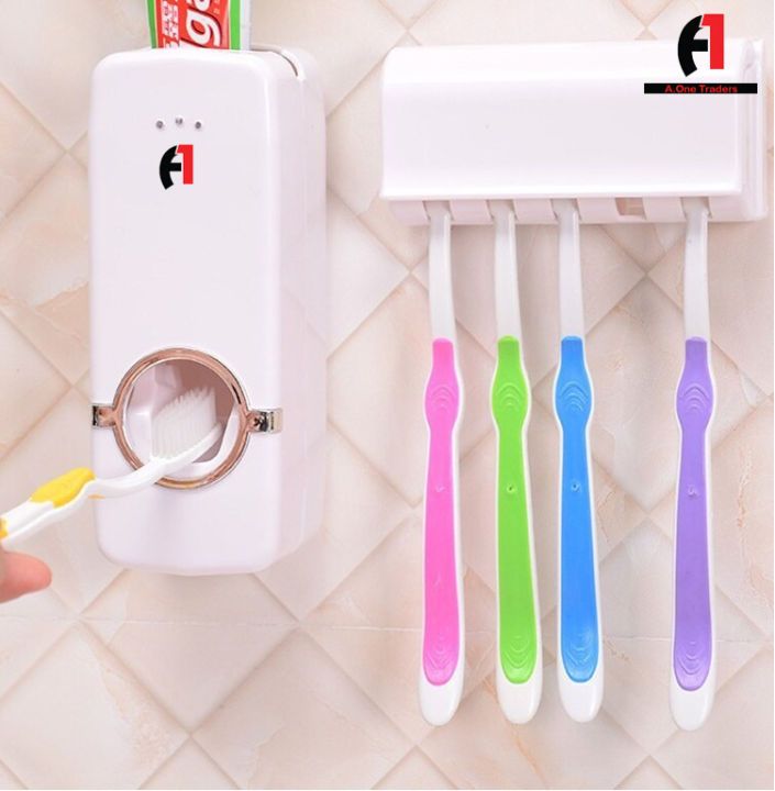 Automatic Toothpaste Dispenser With Five Toothbrush Holder Stand Wall Mount Bathroom Toothbrush Family Sets