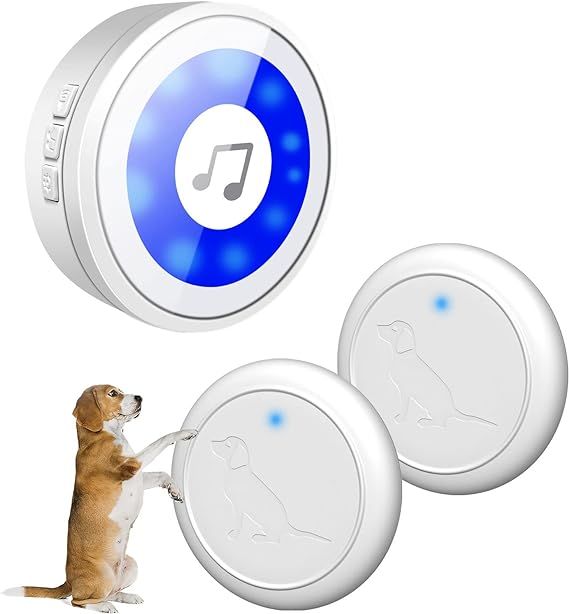 Dog Doorbell for Toilet Training, IP65 Waterproof Wireless Dog Bell, 2 Transmitters & 1 Receiver, LED Flash, 20 Melodies, 5 Volume Levels, 950ft Range (White, 1 Receiver, 2 Touch Buttons)