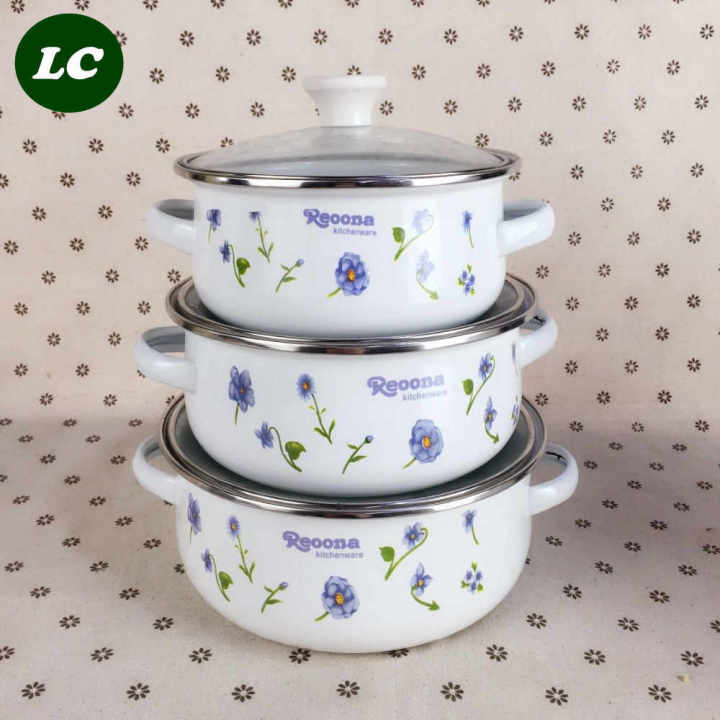 Reoona 1L 1.5L 2L Stainless Steel Kitchen Mixing Food Storage Bowls Cooking Tools Enamel Casserole Pots Set Mini Kitchen Utensil With Glass Cover 3 Pcs