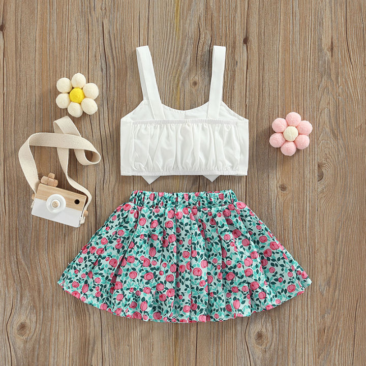 2%20Pieces%20Kids%20Suit%20Set,%20Solid%20Color%20Bowknot%20Sleeveless%20Crop%20Tops+%20Floral%20Print%20Skirt%20for%20Girls,%209%20Months-4%20Years%20-%20Image%203