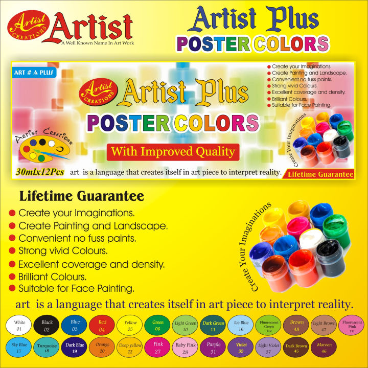 POSTER COLORS 12 Artist Poster Color Paints – 12 different shades bottles 20cc Can be used on a wide variety of hard surfaces: wood, terra cotta, plaster, concrete and much more Clean with soap and water while wet poster colors set of 12 poster colors set