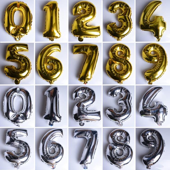 Golden And Silver Foil Balloons 32 Inches Big Numbers For Birthday Helium Digits Bunting Hanging Banner Party 0 to 9 Price is Per Piece Included Pipe To Inflate
