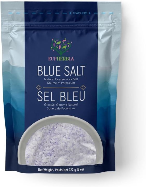 EUPHERBIA Blue Salt, Coarse, Rare Mineral Salt, High Potassium, Lower Sodium, Natural, Unprocessed, Hand Harvested, Kosher Certified, 227g (8 Oz)