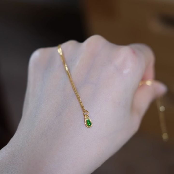 [ New ] Exquisite Inlaid Green Jade Zircon Small Pendant Gourd Water Drop Pendant mini Pendant Fashionable All Match Jewelry