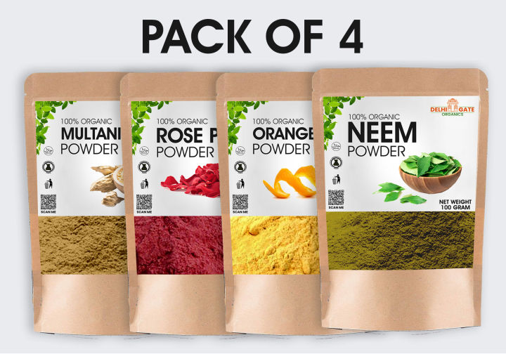 Pack of 4 Multani Mitti + Rose Powder + Neem powder + Orange Peel powder