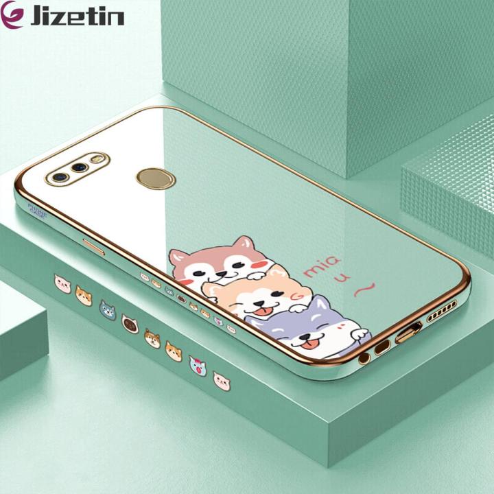 Jizetin (Free Lanyard) for OPPO A5S / A7 / A12 / A12S Back Cover Cute Dogs Luxury 6D Plating Case Side Pattern Soft Silicone Square Phone Cases
